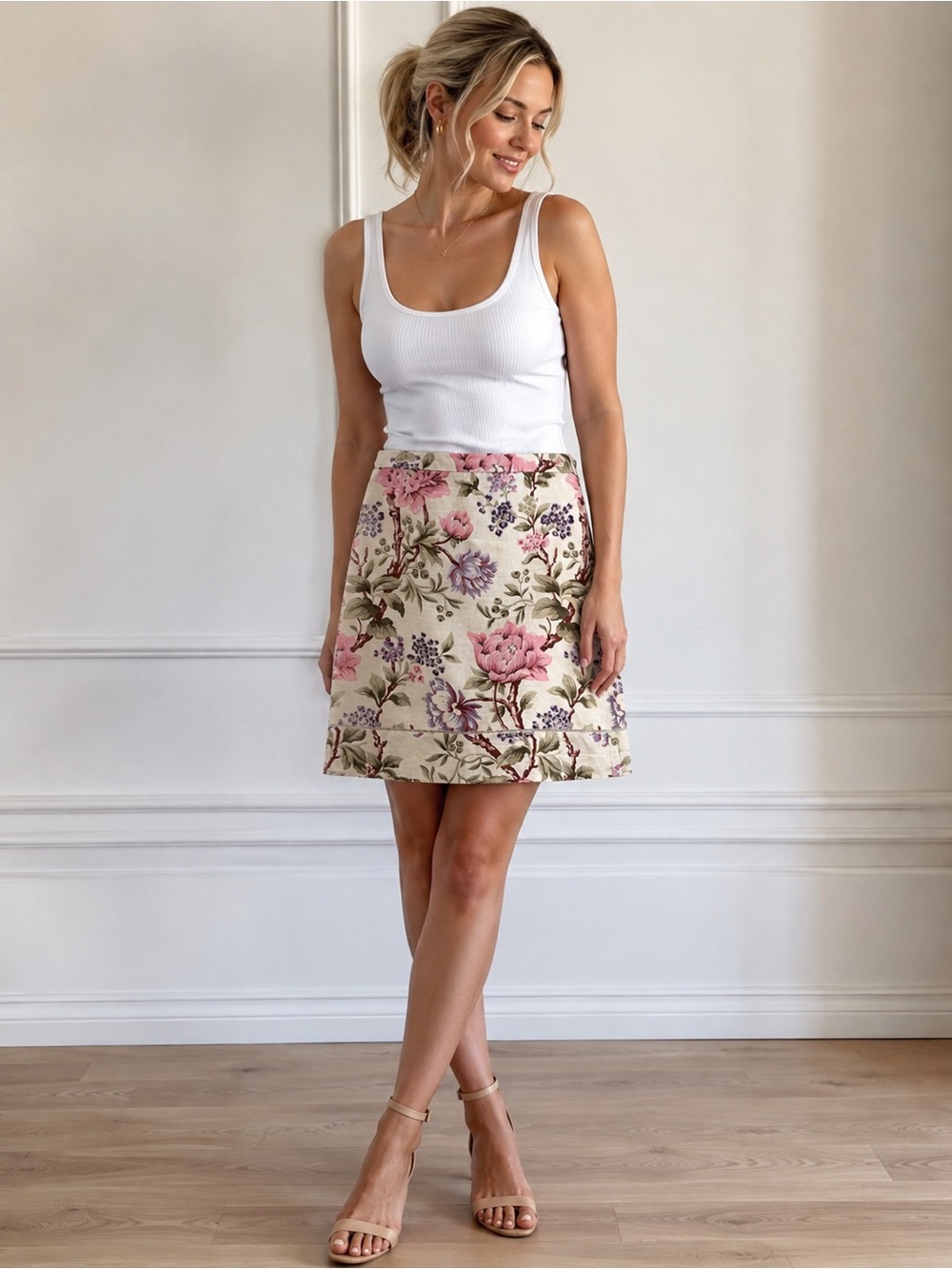 Laura Ashley Floral Cream Skirt with Pink Blooms, LINEN / VISCOSE blend; LINED